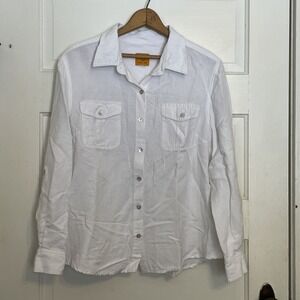 Rudy Rd. White Long Sleeve Button Up Blouse Linen Roll Sleeves